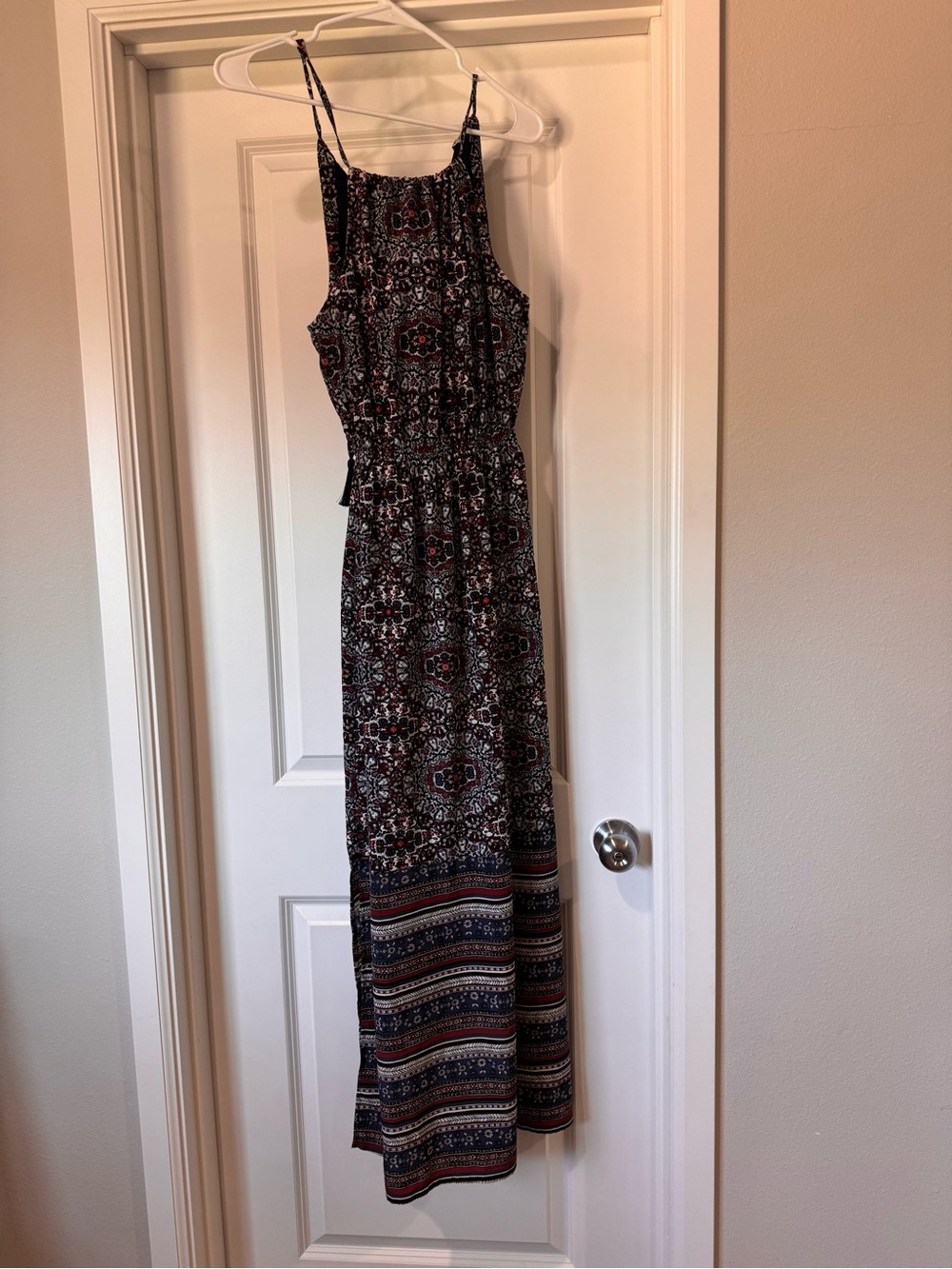 Athleta Patterned Spaghetti-Strap Maxi Dress in Black and Burgundy
